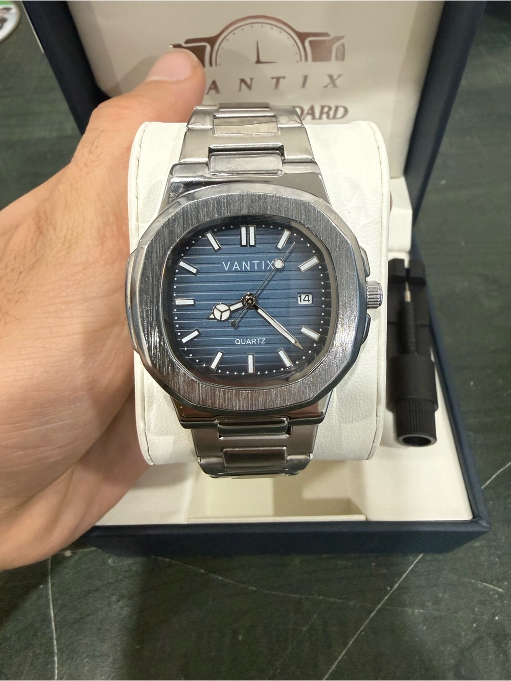 Men's Silver Watch with Blue Dial